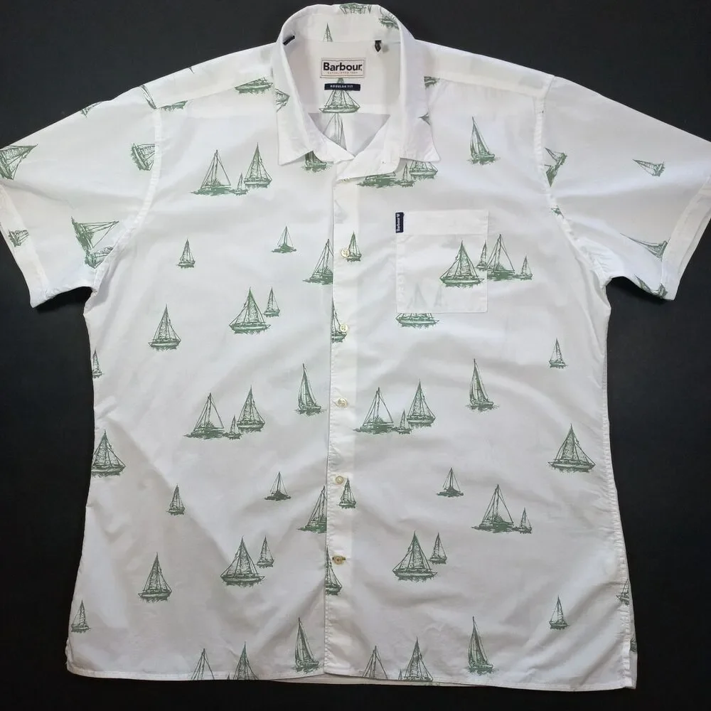 Barbour Shield Shirt Mens L Large UK: XL Sailboat Print White Green MSH4967 EUC